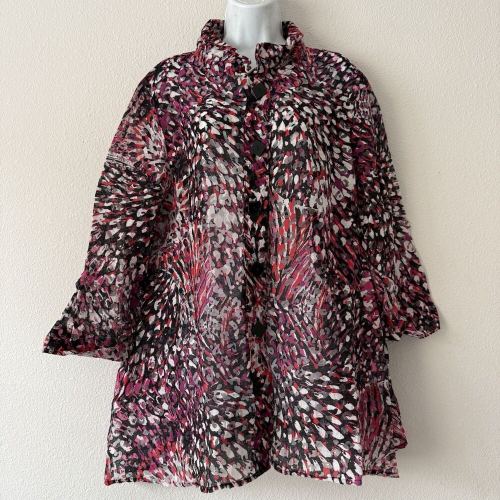 Multiples Sheer Tunic Blouse Size XL Sheer Abstract Button Pink Artsy Boho Tops